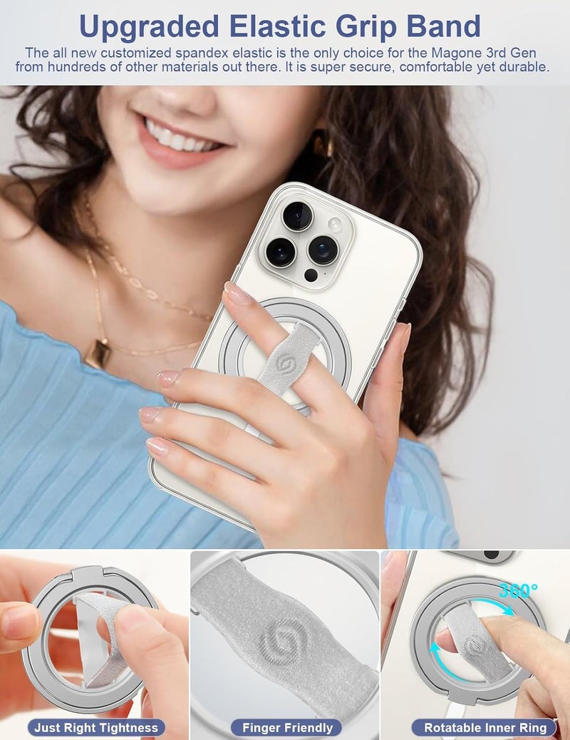 EWA MagOne 3rd Gen [Compatible with MagSafe] Phone Grip Stand with Finger Strap, Removable Magnetic Ring Holder Kickstand Loop for iPhone 17,16,15,14,13,12 Series (Silver) - Image 3